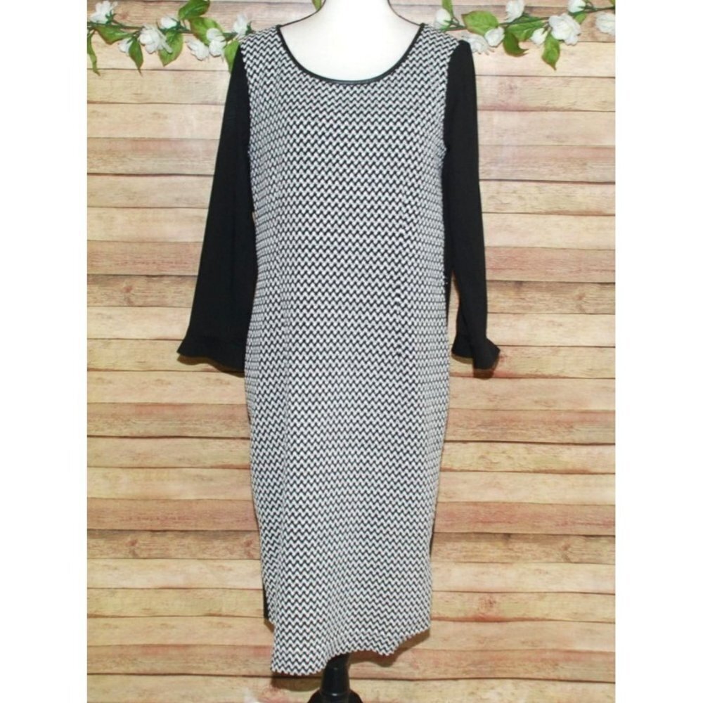Max Mara Penny Black Midi Shift Dress Black White Size 14 Career Classic FLAWED
